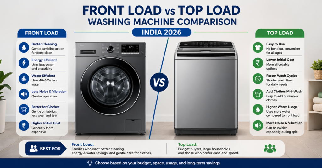 Front load vs top load washing machine comparison India 2026